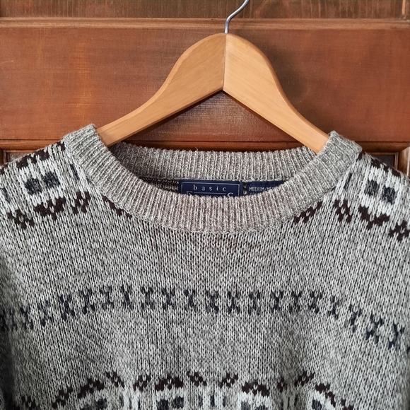 Vintage Basic Editions tan white fair isle Cosby Grandpa knit sweater size M - Picture 4 of 8
